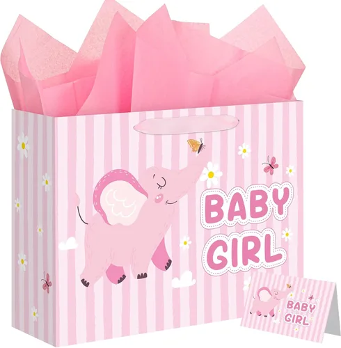 Miniatura 10 de woric Bolsa de regalo de bebé de 14.5 pulgadas para baby shower con papel de seda y tarjetas de felicitación para fiestas de cumpleaños de niños