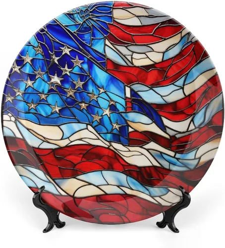 Platos decorativos para colgar en la pared, placa de cerámica con diseño de vitrales de Estados Unidos, placa tambaleante con soporte de exhibición,