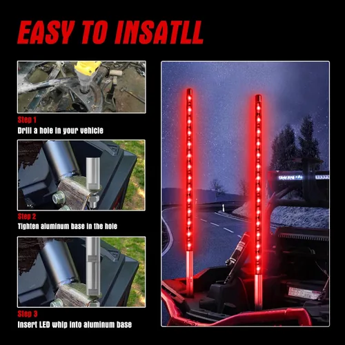 Miniatura 5 de 2 PIEZAS 1.2M Luz LED Roja de Látigo para Camión, BESTZHEYU Luz de Látigo LED de 4 Pies para ATV UTV, Antena de Látigo para RZR Polaris Todoterreno