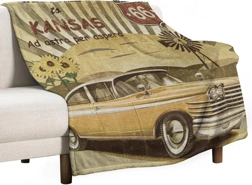 Miniatura 35 de Manta de motocicleta antigua, rústica y clásica, con temática de auto clásico, ruta de EE. UU., 66, patrón impreso, manta de franela súper suave
