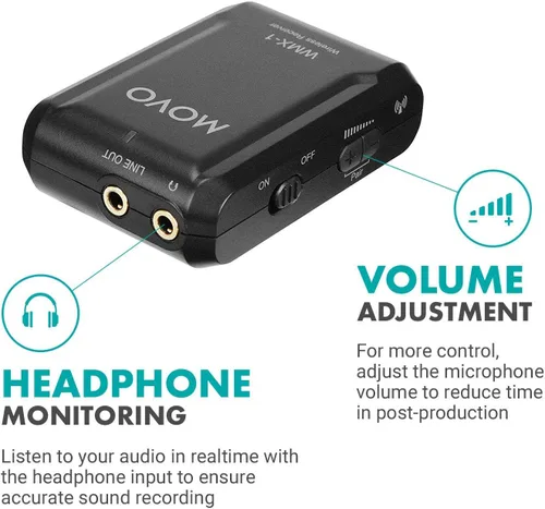 Miniatura 5 de Movo WMX-1 Sistema de micrófono inalámbrico Lavalier de 2.4 GHz compatible con cámaras DSLR, videocámaras, iPhone, teléfonos inteligentes Android