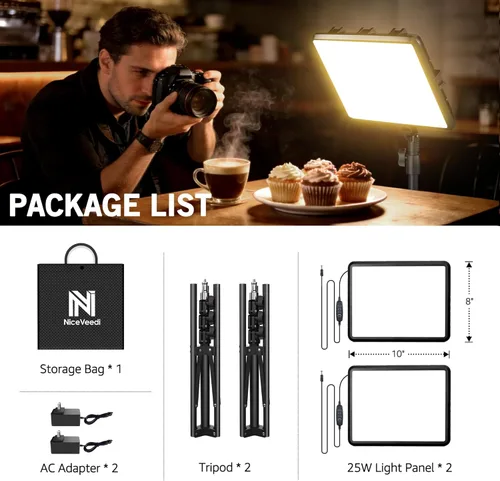 Miniatura 7 de NiceVeedi Paquete de 2 luces de fotografía de 25 W, anillo de luz regulable de 2900-7000 K con soporte para trípode, luz de video de estudio de 73