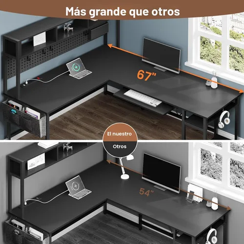 Miniatura 8 de SEDETA Escritorio para juegos en forma de L, escritorio reversible para computadora con toma de corriente y tablero de clavijas, escritorio