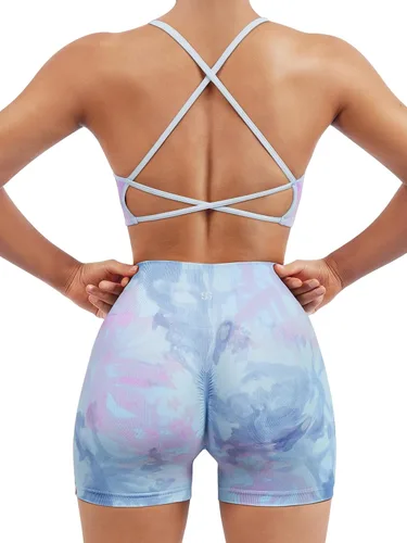 SUUKSESS Conjuntos de entrenamiento sin costuras para mujer, sujetador deportivo con tiras y cintura alta, pantalones cortos