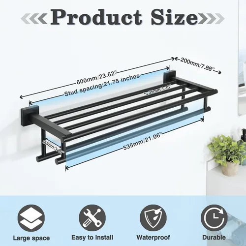 Miniatura 8 de Alise Toallero Doble para Baño Montado en la Pared, Soporte de Toalla de Baño de 24 Pulgadas Toallero Negro con Barras de Toalla Dobles, Barra