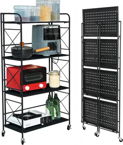 Miniatura 8 de Estantería plegable de metal de 3 niveles con ruedas, estantería plegable para sala de estar, cocina, estudio, 12.6 pulgadas de profundidad x 23.6