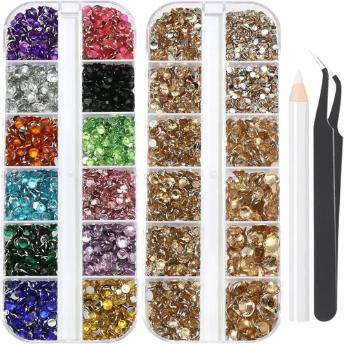 Miniatura 29 de 3520 diamantes de imitación de uñas color dorado champán para uñas, multiformas con parte trasera plana, diamantes de imitación redondos