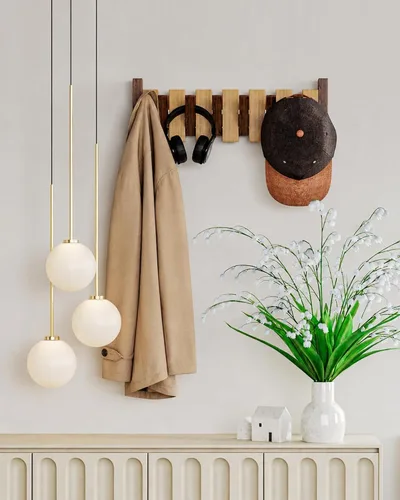Miniatura 2 de Perchero de Pared de Madera, Perchero de Pared de Madera con 6 Ganchos Magnéticos Abatibles Piano Perchero de Pared para Entrada, Baño, Dormitorio