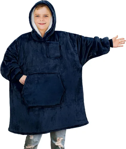 Miniatura 13 de PAVILIA Sudadera Manta Ponible para Niños y Niñas, Sudadera con Capucha Gigante Cálida y Acogedora, Forro Polar Sherpa con Capucha y Mangas de Gris