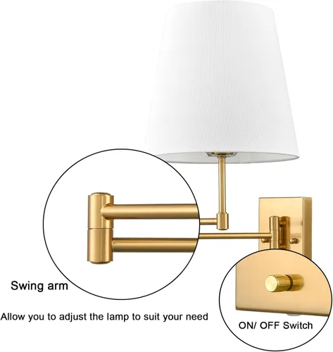 Miniatura 3 de HYDELITE Lámpara de pared dorada con brazo oscilante, apliques de pared de latón con pantalla de lino, accesorios de pared enchufables o cableados