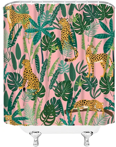 Miniatura 4 de Cortina de ducha de leopardo, vida silvestre, animales, leopardo, asiático, rosa, guepardo, tigre, hoja de palmera, selva tropical, selva, selva