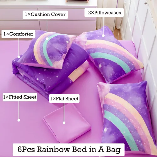 Miniatura 3 de ANGIYUIN - Juego de edredón infantil de gradiente arcoíris púrpura profundo, 6 piezas, ropa de cama con purpurina brillante para niñas, juego