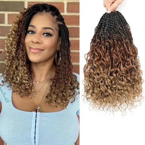 Miniatura 10 de Flagship 9 Paquetes Goddess Box Braids Cabello de Ganchillo para Mujeres Negras - 10 Pulgadas Pre-enrollado con Puntas Rizadas, Estilo Bohemio