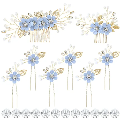 Miniatura 9 de Dizila 20 piezas de diamantes de imitación para novia, boda, fiesta, graduación, perlas, doradas, flores blancas, peines laterales