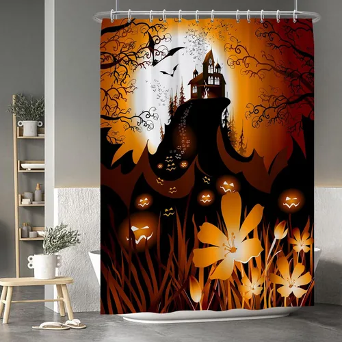 Miniatura 38 de Cortina de ducha de fantasma y gato negro para niños, 36 x 72 pulgadas, espeluznante y bonita, cortina de baño de Halloween con 6 ganchos, cortina