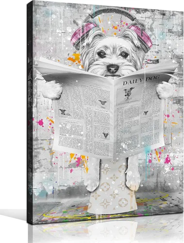 Miniatura 11 de ENTANUB Arte de Pared de Perro para Baño, Divertido Cuadro de Lienzo de Animales para Dormitorio, Decoración de Imágenes en Blanco y Negro