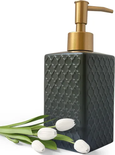 Miniatura 7 de Dispensador de jabón dorado para baño, dispensador de loción cuadrado negro, dispensador de jabón de manos de cerámica recargable para encimera