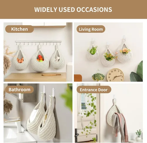 Miniatura 6 de Cestas de frutas colgantes de pared bohemias para cocina, paquete de 3, contenedor de productos tejido con 6 piezas de ganchos fuertes, cesta