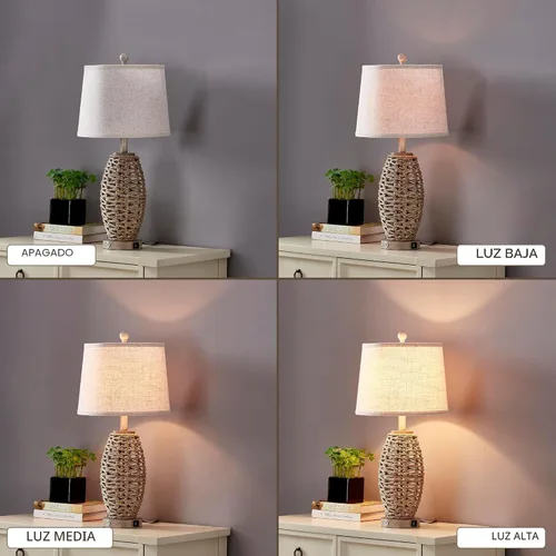 Miniatura 5 de Juego de 2 lámparas de mesa de ratán natural de 27", interruptor táctil, lámparas de mesita de noche regulables de 3 vías, con puertos de carga USB