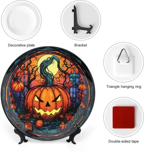 Miniatura 3 de Platos decorativos de Halloween, calabaza en el bosque, 31 de octubre por la noche, vitral, plato de cena de cerámica con soporte de exhibición