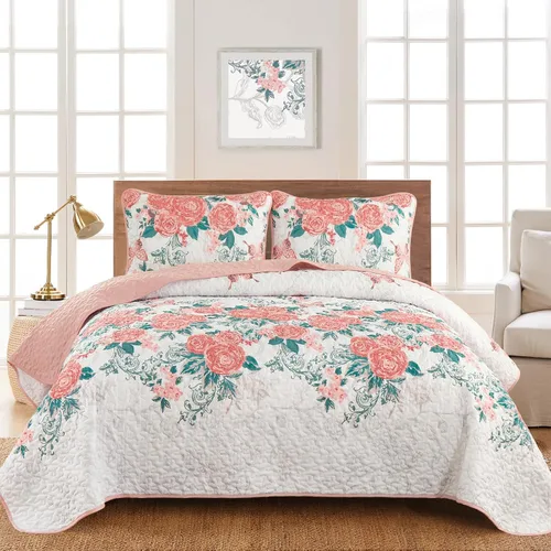 Miniatura 12 de Yiran Juego de edredón floral gris aguamarina, tamaño Queen, colchas botánicas de verano, juego de ropa de cama de 3 piezas, colcha ligera