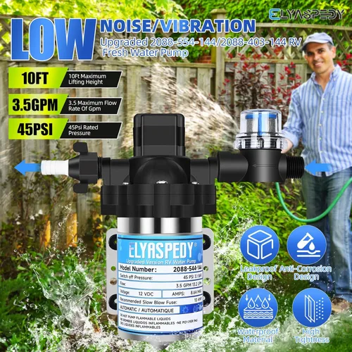 Miniatura 3 de Bomba de agua fresca para RV Elyaspedy 2025 mejorada 2088-554-144/2088-403-144, bomba de diafragma autocebante de 12V 3.5GPM, 45PSI, incluye