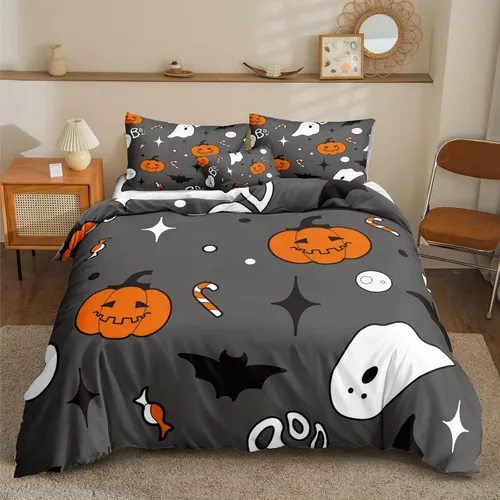 Miniatura 34 de Juego de funda de edredón de calabaza para Halloween, divertido diseño de calabaza malvada, color negro, juego de ropa de cama Tiwn 1 funda