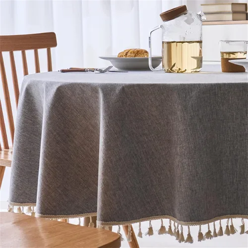 Miniatura 3 de Dimatic Mantel redondo con textura de lino con ribete de encaje, impermeable, a prueba de derrames, para decoración de mesa de cocina, comedor, Beige