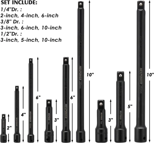 Miniatura 4 de MIXPOWER Juego de barras de extensión de 9 piezas, extensión de zócalo de 1/4", 3/8" y 1/2", acero al cromo vanadio premium con acabado de fosfato