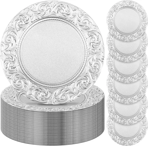 Miniatura 15 de Uiifan 24 Piezas Platos Base Antiguos a Granel 13'' Platos de Plástico en Relieve para Cena Platos Base Redondos Florales para Boda Cargadores Dorado