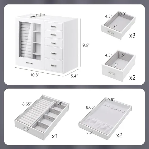Miniatura 6 de Homde Joyero grande con ventana de cristal, cajones para collares, aretes, anillos, pulseras, relojes, regalo para mujeres y niñas