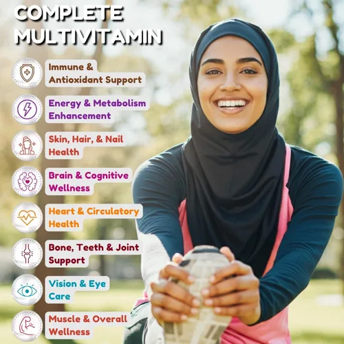 Miniatura 3 de SHIFAA NUTRITION Multivitaminas halal para mujeres, hombres y adultos, 30 porciones Hierro, vitamina A, B6, B12, biotina, niacina, C, D3, E, zinc