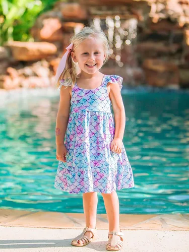 Miniatura 2 de Vieille Vestido de verano para niñas pequeñas, con volantes, sin mangas, casual, vestido de playa, escalonado, vestido de princesa para 2-8 años