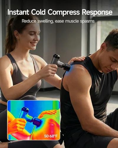 Miniatura 3 de HEYCHY Mini pistola de masaje con calor y frío, pistola de masaje de tejido profundo, masajeador muscular de percusión portátil con 4 cabezales