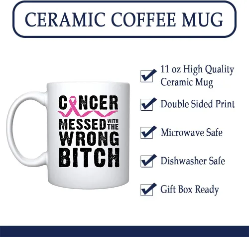 Miniatura 2 de Veracco Cáncer Messed With The Wrong B Taza de café de cerámica Regalo de concientización sobre el cáncer de mama (blanco)