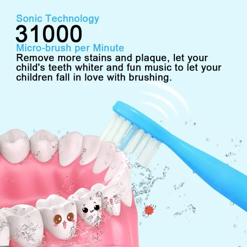 Miniatura 4 de OJV 8620 Cepillos de dientes eléctricos musicales para niños, 3 modos de temporizador de 2 minutos, 6 cerdas recargables de energía inteligente, Azul