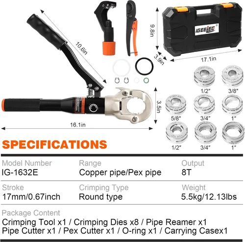 Miniatura 2 de Herramienta de prensa de cobre hidráulica para accesorios de cobre de 1/2", 3/4", 1" y troqueles de 3/8" a 1" para tubería ASTM F1807 PEX