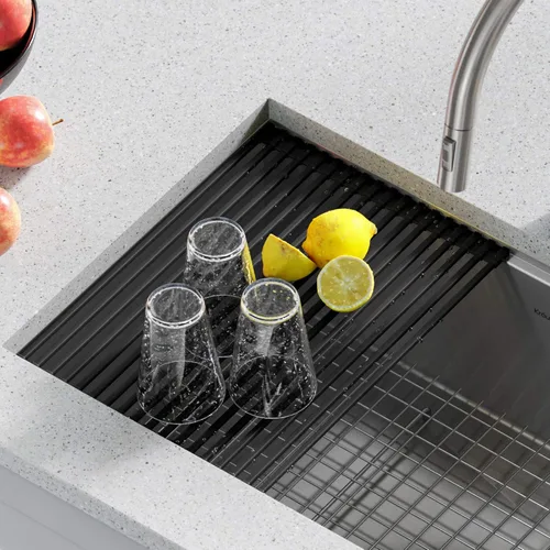 Miniatura 2 de Kraus Multiusos Escurreplatos Enrollable para Fregadero con Colador y Esterilla en Aqua, KRM-11AQ