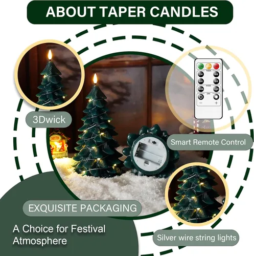 Miniatura 6 de kakoya Velas sin Llama de Árbol de Navidad con Control Remoto, 2 Piezas Velas LED Parpadeantes de Cera Real Verde que Funcionan con Batería