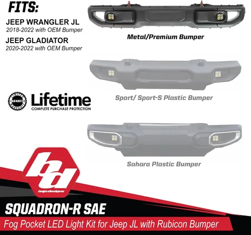 Miniatura 3 de Kit de luces LED de niebla de bolsillo Baja Designs Squadron-R SAE compatible con Jeep Gladiator 2020-22; Wrangler JL 2018-22 parachoques OEM