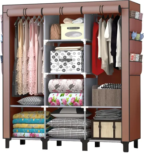 Miniatura 10 de Armario portátil con 10 estantes de almacenamiento y 2 postes para colgar, 18 bolsillos laterales no tejidos, tamaño 51.2 x 17.7 x 67.7 in, Beige