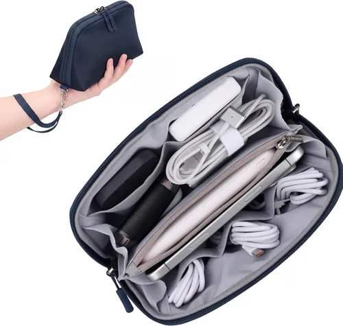Miniatura 14 de FYY Organizador de cables de viaje, 8 compartimentos, bolsa tecnológica ligera resistente al agua con correa para la muñeca, funda portátil