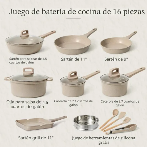Miniatura 2 de CAROTE Juego de ollas y sartenes antiadherentes de inducción, juego de utensilios de cocina de 16 piezas, apilables, granito gris pardo Beige granito
