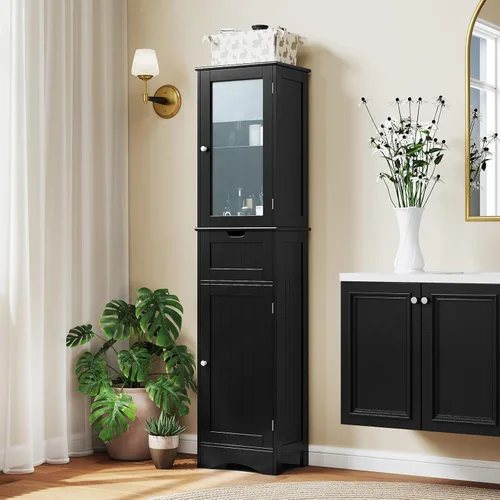 Miniatura 2 de Tangkula Armario de almacenamiento de baño de 67 pulgadas de alto, torre independiente delgada con 2 puertas y 1 cajón, gabinete de piso estrecho