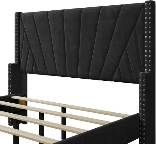 Miniatura 5 de Marco de cama tapizado de terciopelo contemporáneo con acolchado de canal y ribete de cabeza de clavos, no necesita somier (negro, matrimonial)