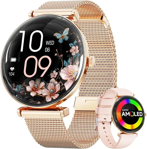 Hwagol - Relojes inteligentes para mujer con Android iPhone compatible con iPhone [llamadas/cuerpo delgado de metal], pantalla AMOLED microesférica