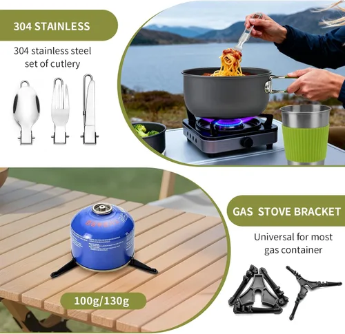 Miniatura 6 de aiGear Juego de 8 utensilios de cocina para acampar, juego de ollas y sartenes con mini estufa de mochilero, taza de acero inoxidable, soporte