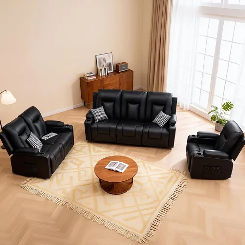 Miniatura 8 de COMHOMA Juego de muebles de sala de estar, juegos de sofá reclinable manual de piel sintética con portavasos, sofá reclinable, sofá biplaza