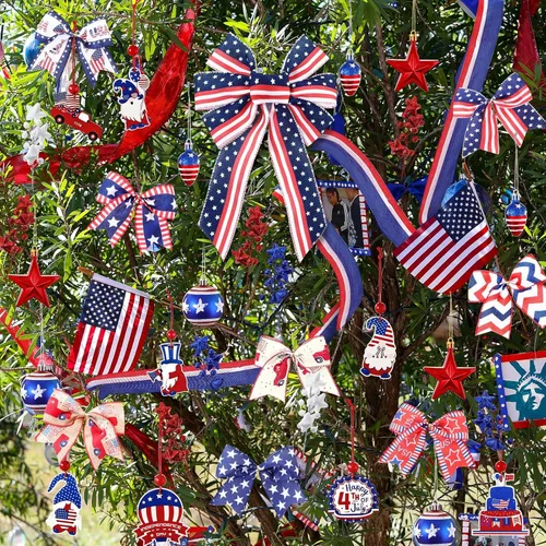 Miniatura 5 de 43 adornos patrióticos para árbol del 4 de julio, Día de la Independencia, adornos para árbol de Navidad, decoración de lazo rojo, blanco y azul