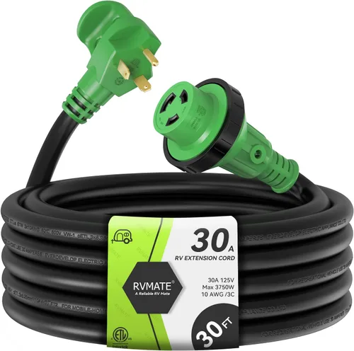 RVMATE Cable de extensión de alimentación para RV bloqueable de 30 pies y 30 amperios con mango de fácil enchufe, TT-30P a L5-30R, indicador LED, 10